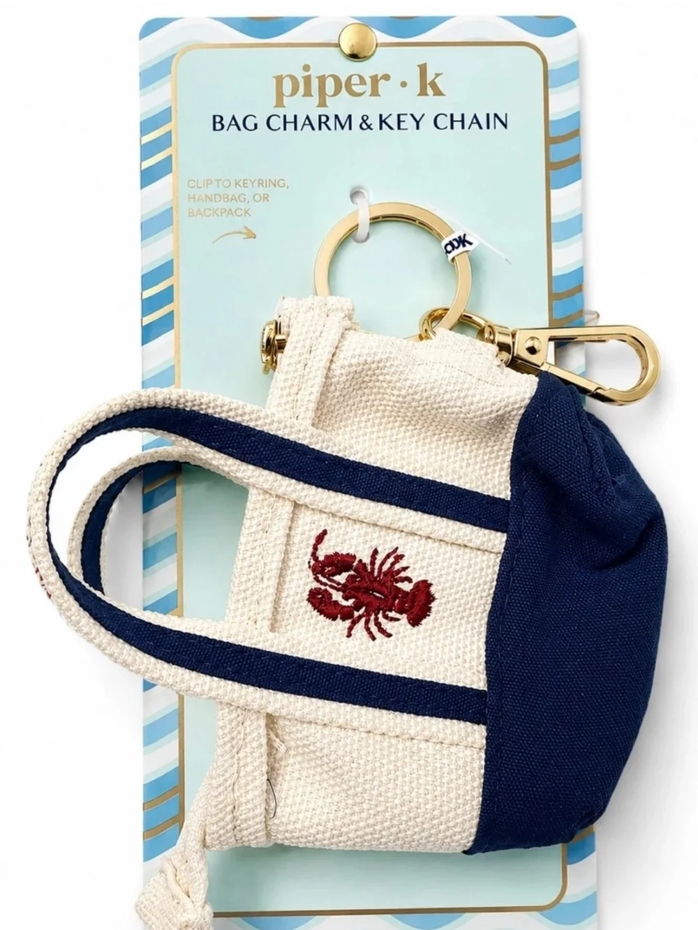 👉✨️ piper k Canvas Tote Bag Charm with Navy & Cream and Red Embroidery